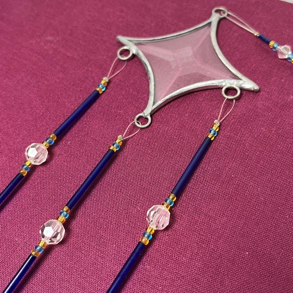 Artisan Made Clear North Star w Blue Glass Panels Beaded Wind Chime Sun Catcher - Picture 3 of 4